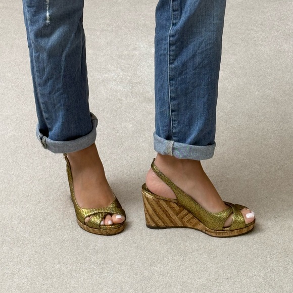 Jimmy Choo Gold Wedge Peep-Toe Sandals - Picture 3 of 6